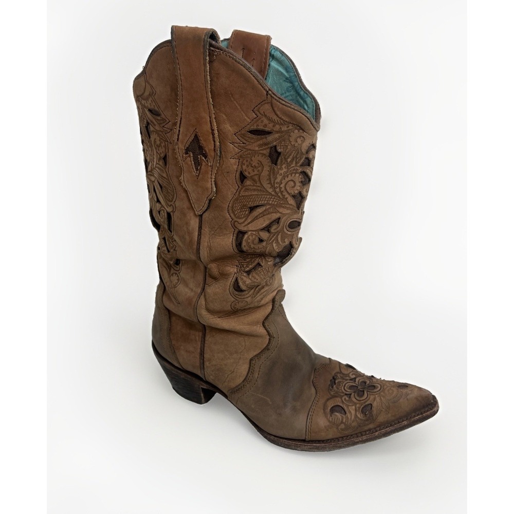 Corral Vintage Western Cowboy Boots Brown Flower Overlay Snip Toe Women's 9.5M